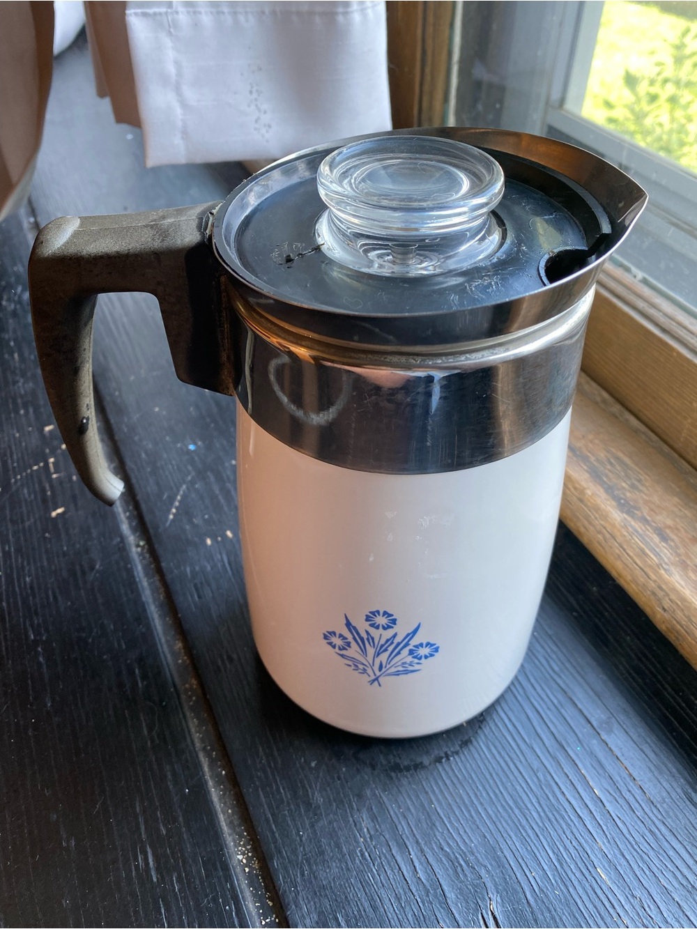 Corningware White Thermal Coffee Carafe with Blue Floral Accent and Black Handle